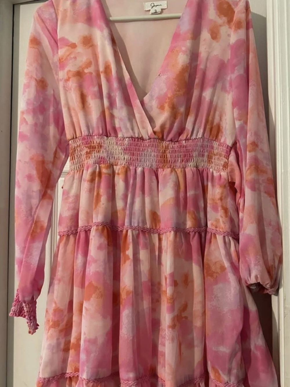 Pink & Orange Watercolor V-Neck Tiered Dress